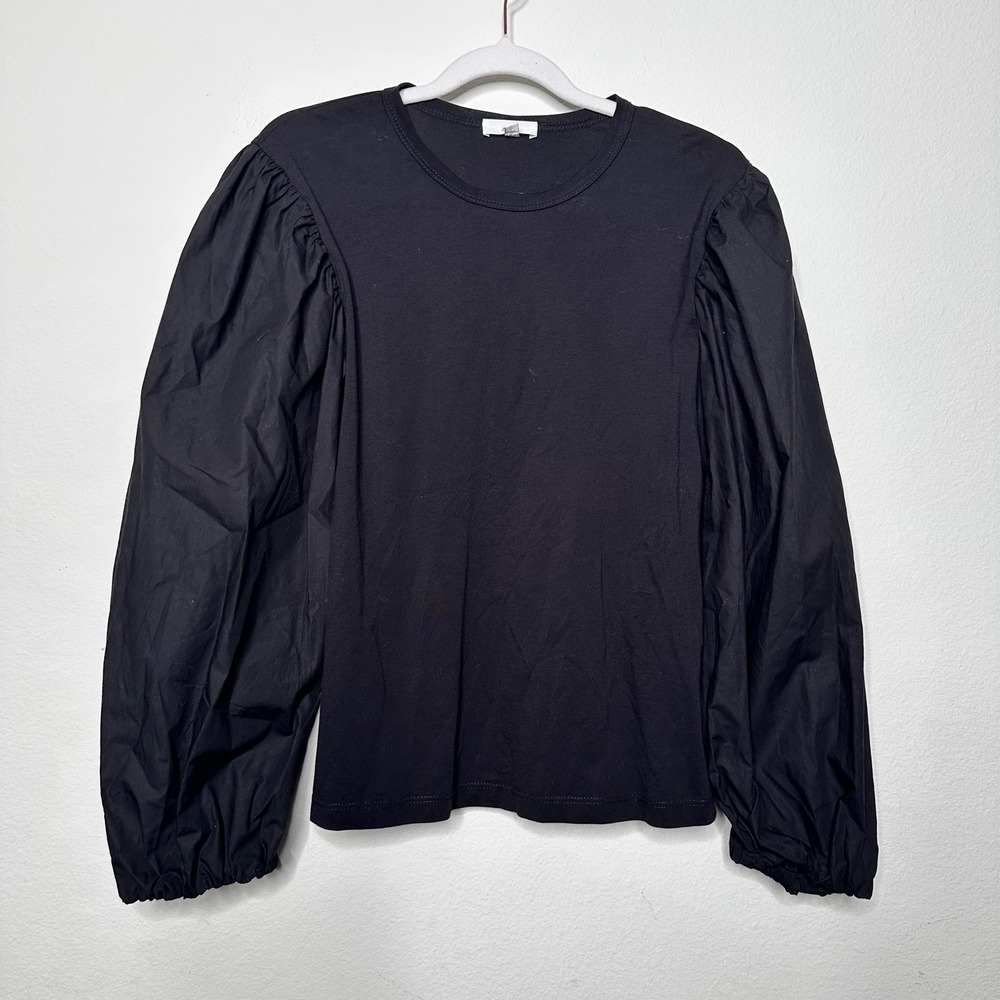 A.L.C. Bella Balloon Sleeve Black Mixed Media Cotton Top‎ XS Made in USA